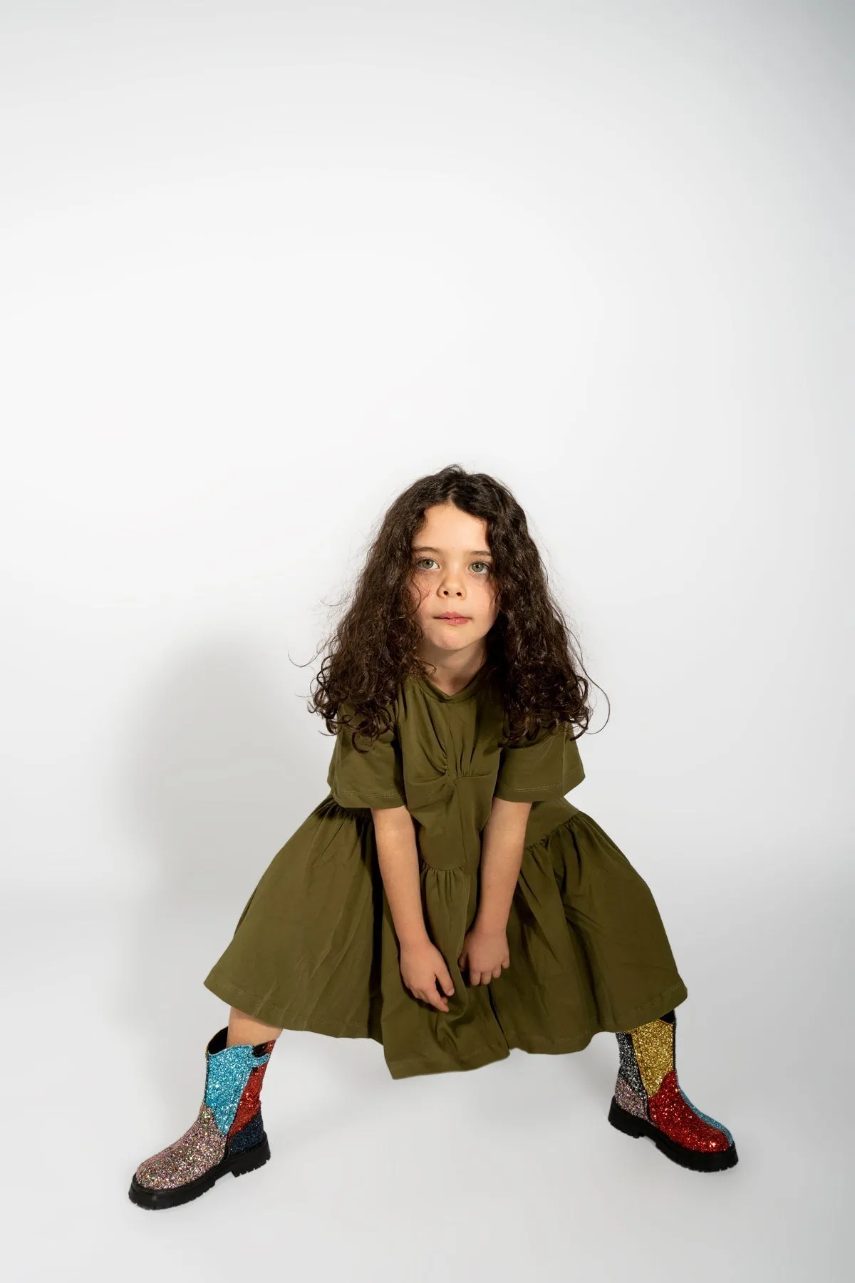 KHAKI GATHERED JERSEY T-SHIRT DRESS